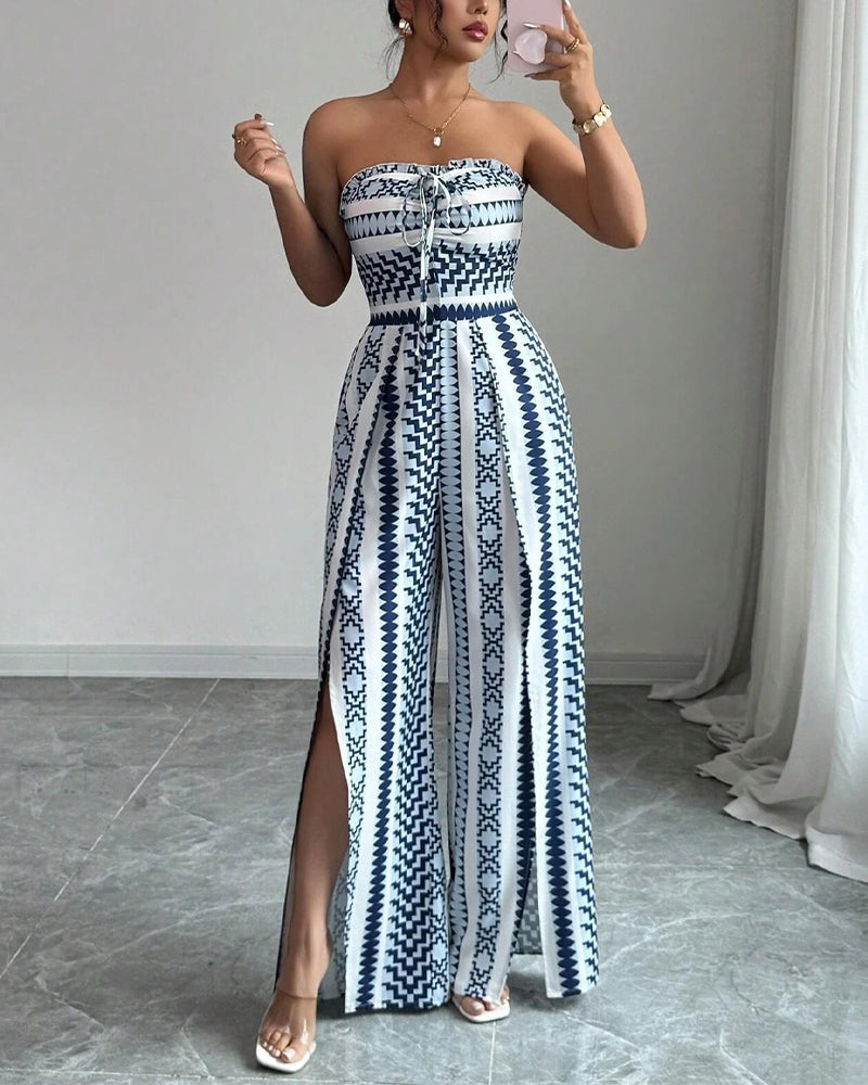 Blue geometric print bandeau wide leg jumpsuit, front view