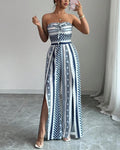 Blue geometric print bandeau wide leg jumpsuit, front view