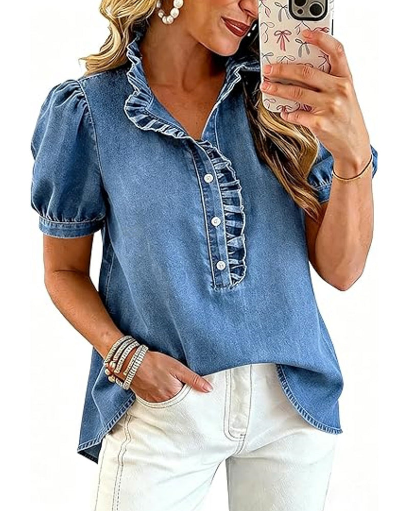Ruffle Denim Blouse Button Front Multiple Colors | Senselle
