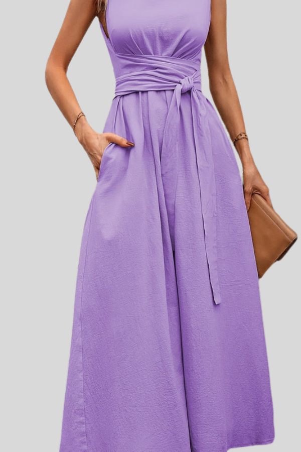 Casual Pleated Square-Neck Midi Dress