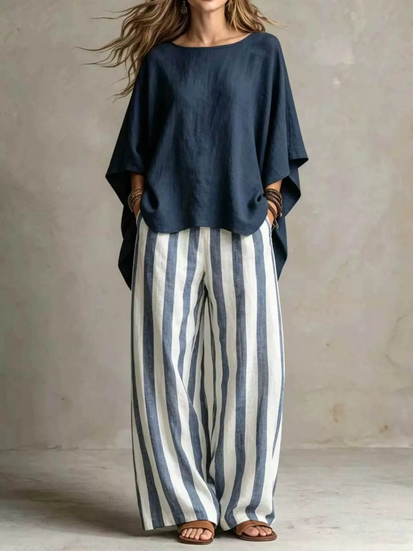 Navy Blue solid color top and trousers co-ord set