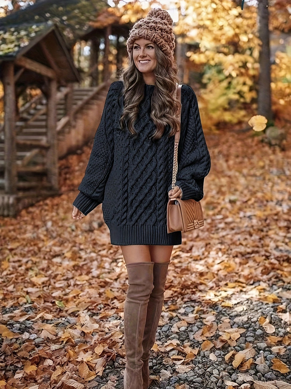 Black Cozy Cable-Knit Sweater Dress