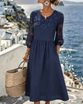 Navy blue lace patchwork A-line 3/4 sleeve midi dress, front view