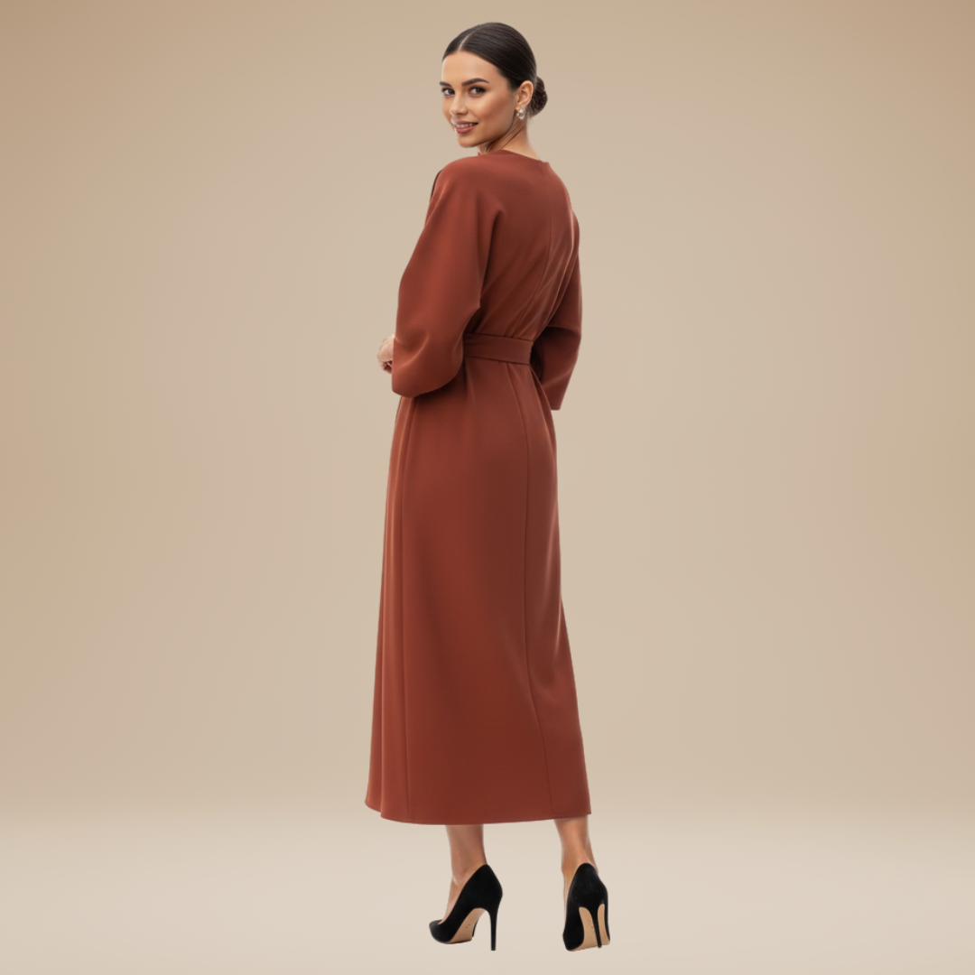 Belted Midi Dress with Wide Sleeves and Draped Waist