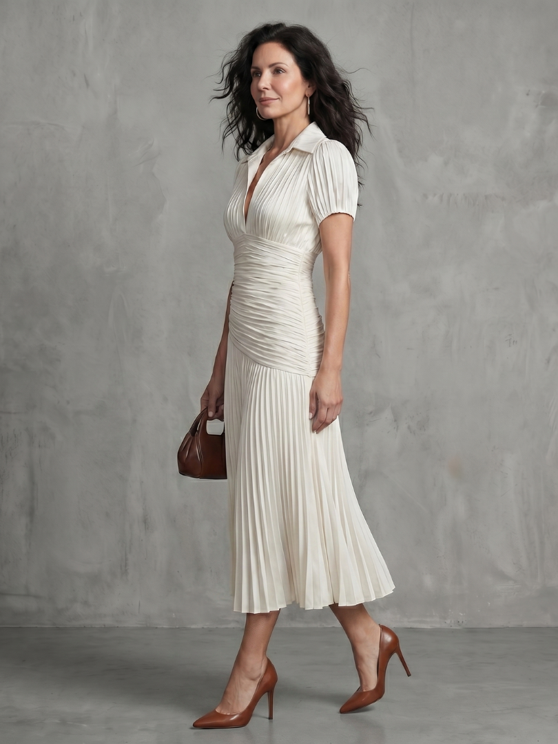 Theodora - Pleated Waistline Stripe Midi Dress