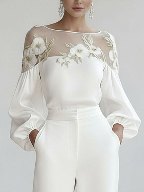 White floral applique mesh puff sleeve blouse, front view