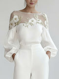 White floral applique mesh puff sleeve blouse, front view