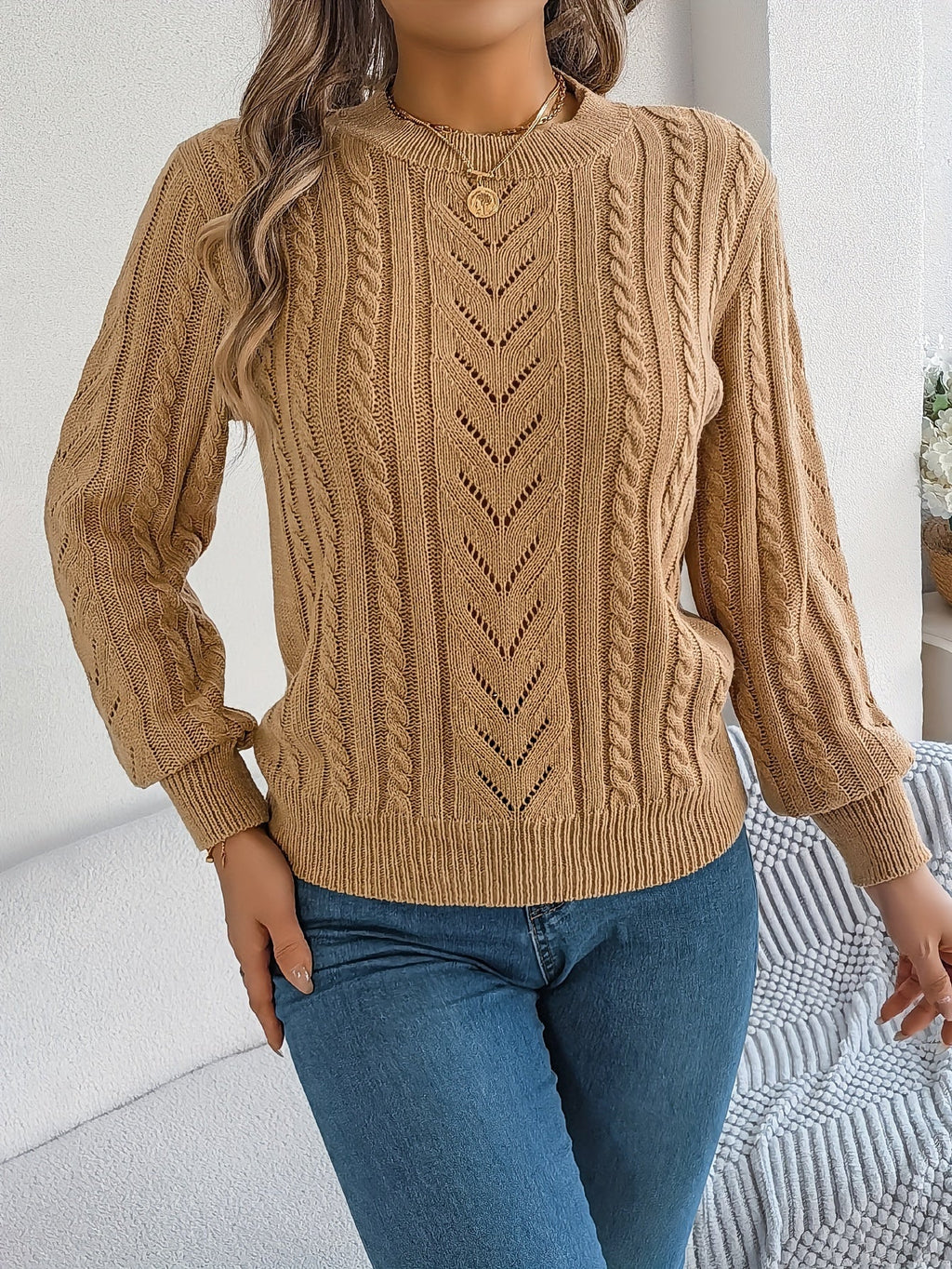 Khaki cable-knit textured sweater