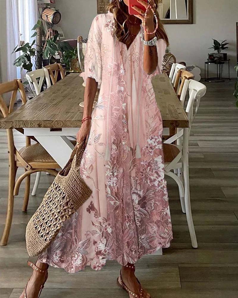 Floral V-Neck Ruffle Full Skirt Maxi Dress | Senselle
