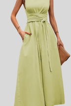 Casual Pleated Square-Neck Midi Dress