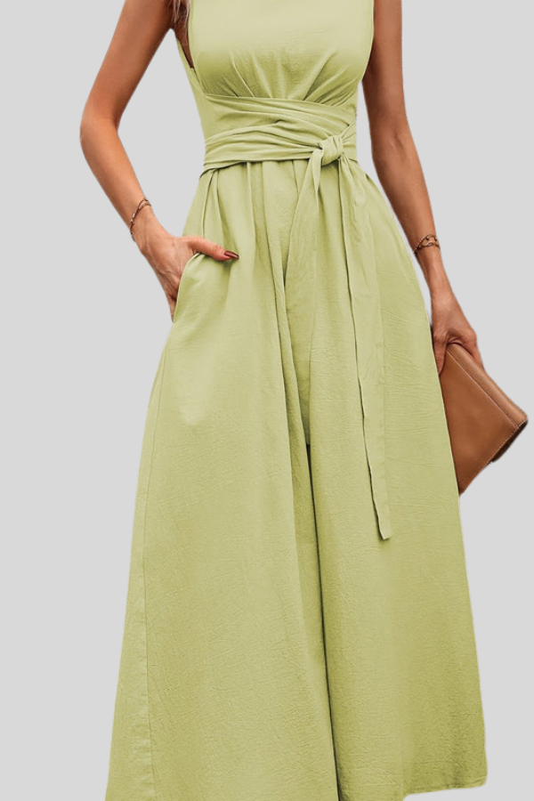 Casual Pleated Square-Neck Midi Dress