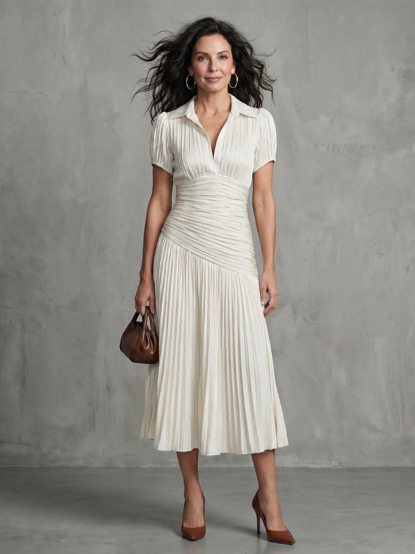 Theodora - Pleated Waistline Stripe Midi Dress