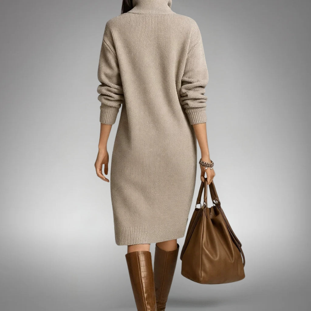 Orange High-Neck Button Collar Midi Dress