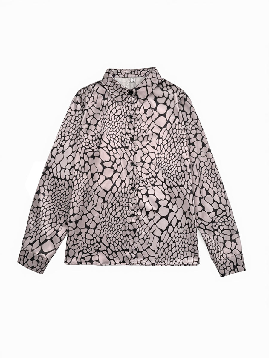 Gray Snakeskin Print Contrast Lapel Blouse
