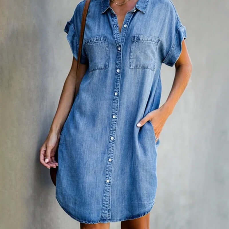 Women's Midi Shirt Denim Dress in Light Blue | Senselle