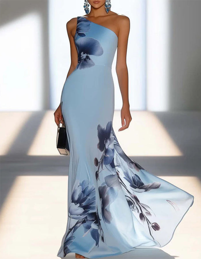 Satin Floral Off Shoulder Fishtail Maxi Dress