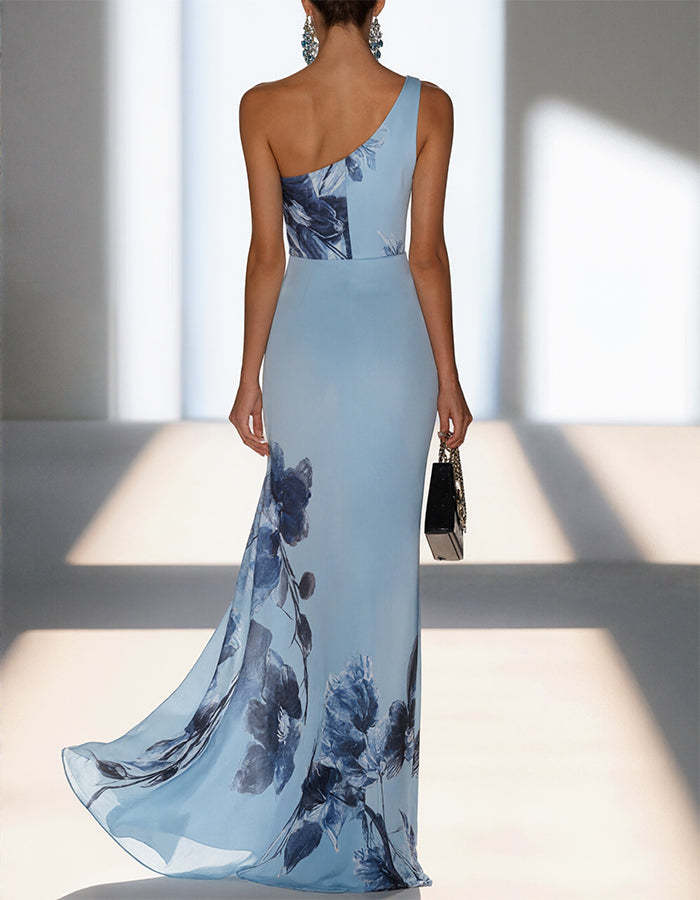 Satin Floral Off Shoulder Fishtail Maxi Dress