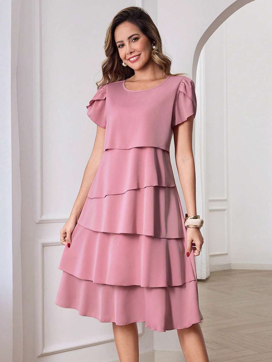 Beige Round Neck Petal Sleeve Midi Tea Dress with Layered Ruffle Hem