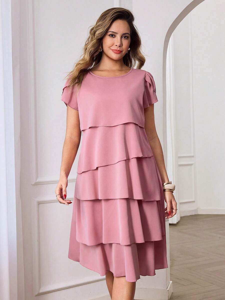Beige Round Neck Petal Sleeve Midi Tea Dress with Layered Ruffle Hem