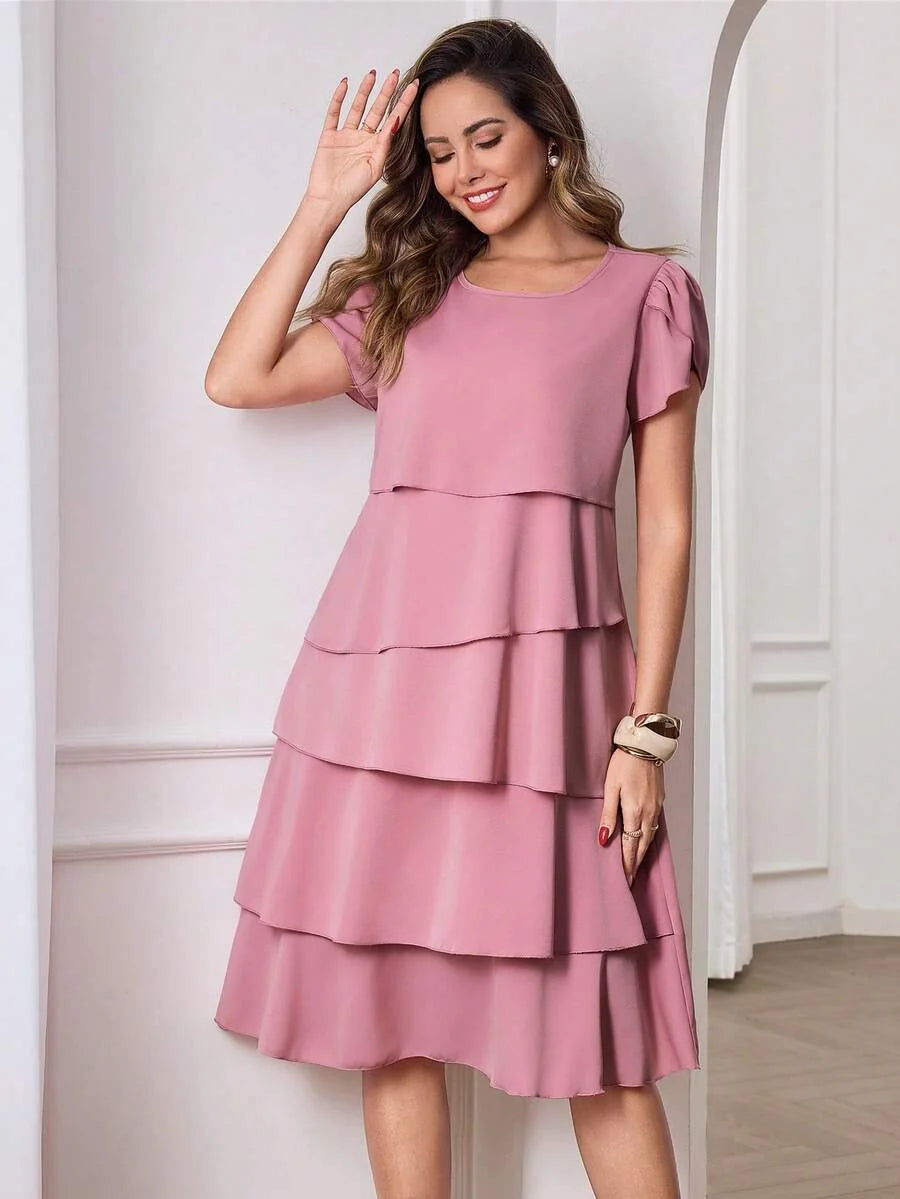 Beige Round Neck Petal Sleeve Midi Tea Dress with Layered Ruffle Hem