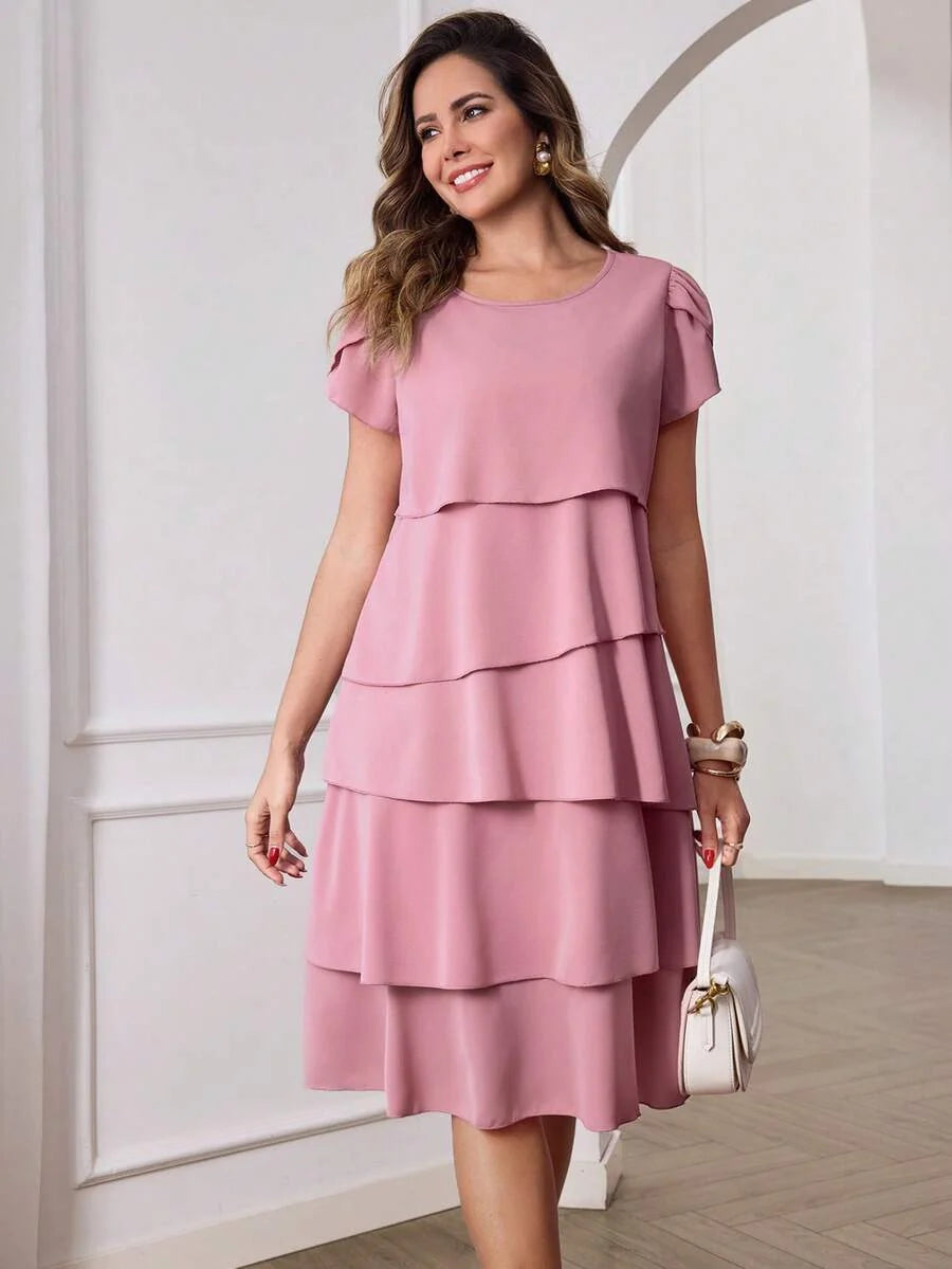 Beige Round Neck Petal Sleeve Midi Tea Dress with Layered Ruffle Hem