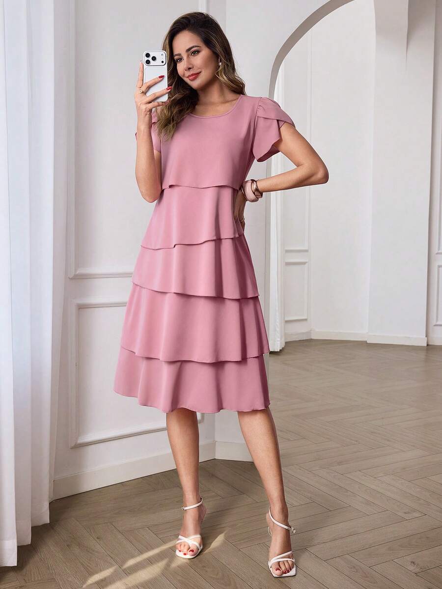 Beige Round Neck Petal Sleeve Midi Tea Dress with Layered Ruffle Hem