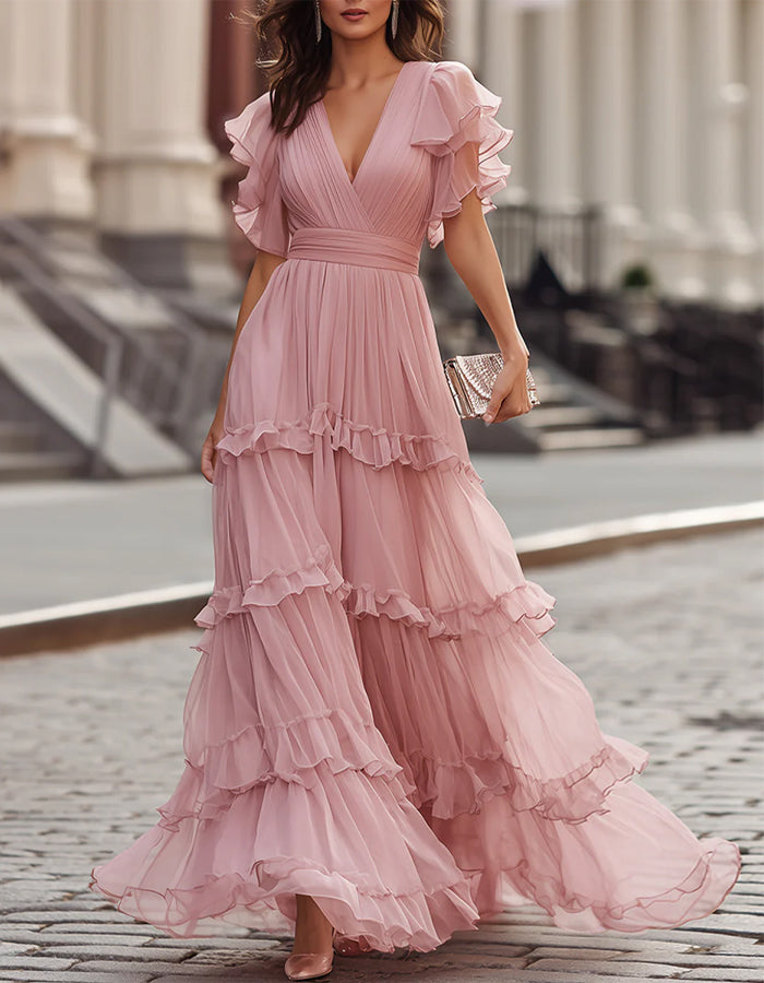 Chiffon Ruffled Hem Wedding Guest Maxi Dress