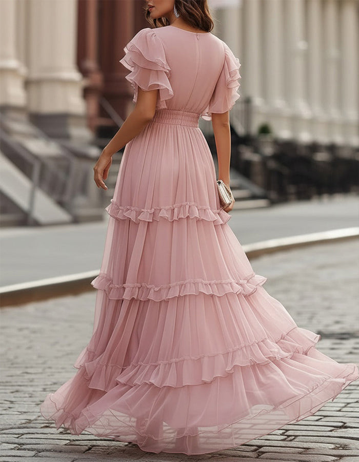Chiffon Ruffled Hem Wedding Guest Maxi Dress