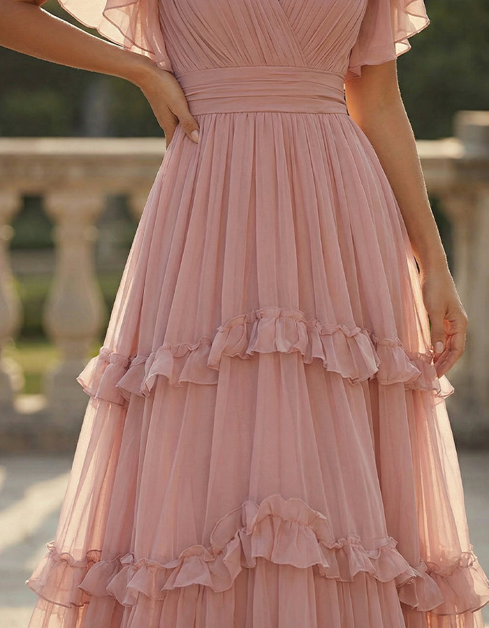 Chiffon Ruffled Hem Wedding Guest Maxi Dress