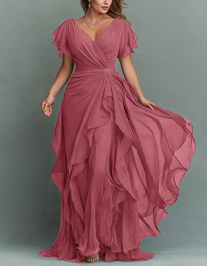 Chiffon Tiered Ruffle Maxi Dress V Neck