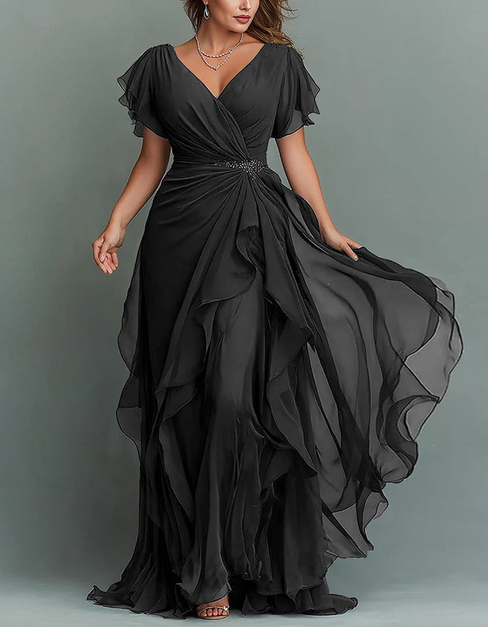 Chiffon Tiered Ruffle Maxi Dress V Neck