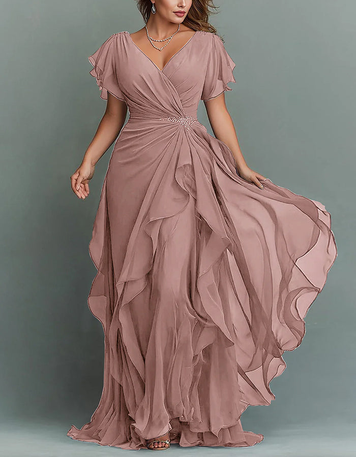 Chiffon Tiered Ruffle Maxi Dress V Neck