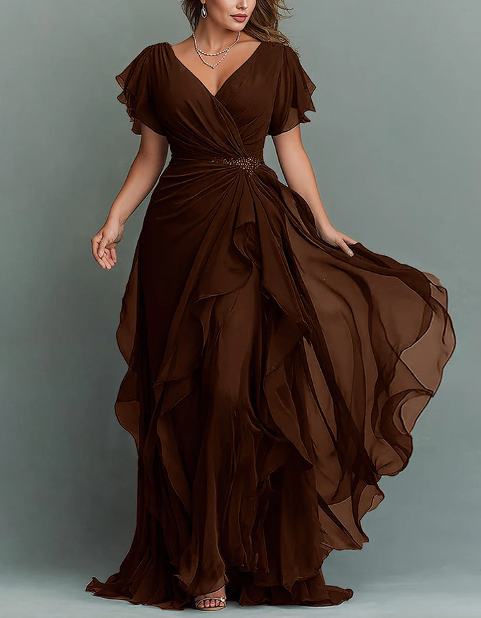 Chiffon Tiered Ruffle Maxi Dress V Neck
