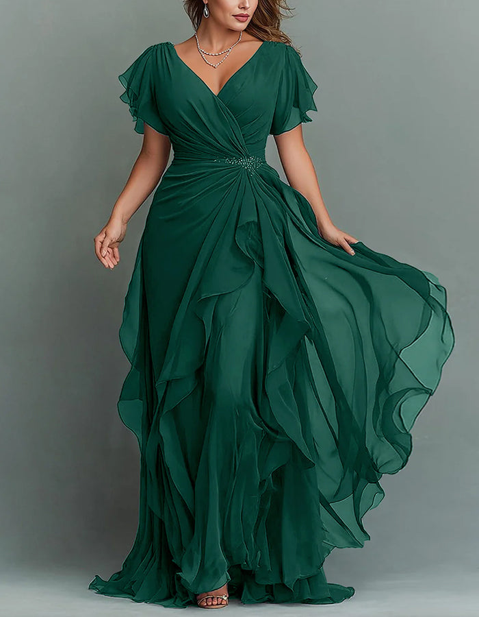 Chiffon Tiered Ruffle Maxi Dress V Neck