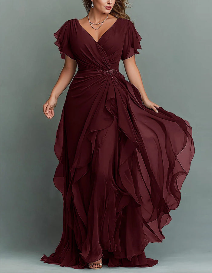 Chiffon Tiered Ruffle Maxi Dress V Neck