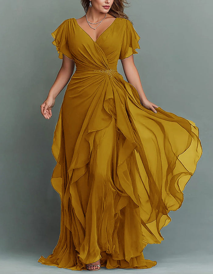 Chiffon Tiered Ruffle Maxi Dress V Neck