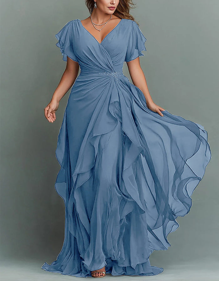 Chiffon Tiered Ruffle Maxi Dress V Neck
