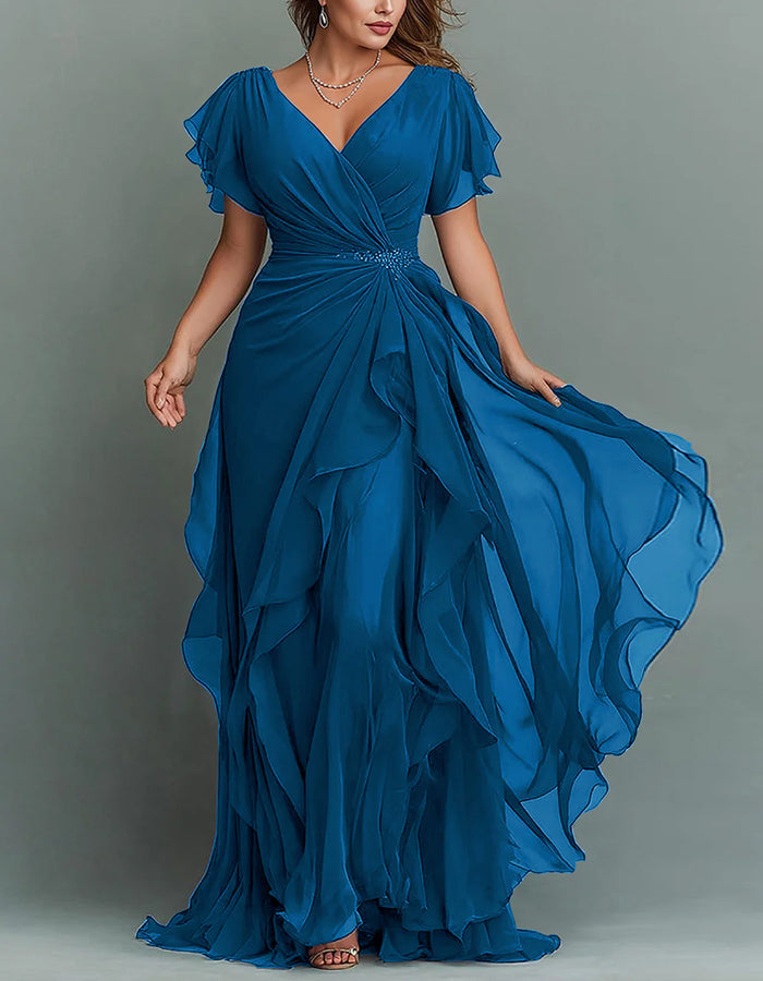 Chiffon Tiered Ruffle Maxi Dress V Neck