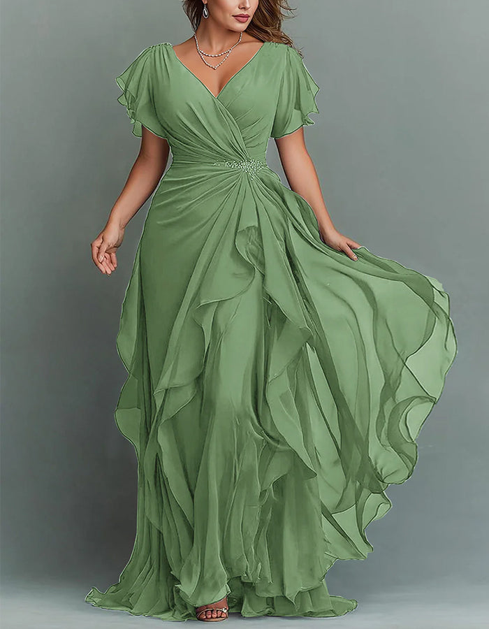 Chiffon Tiered Ruffle Maxi Dress V Neck