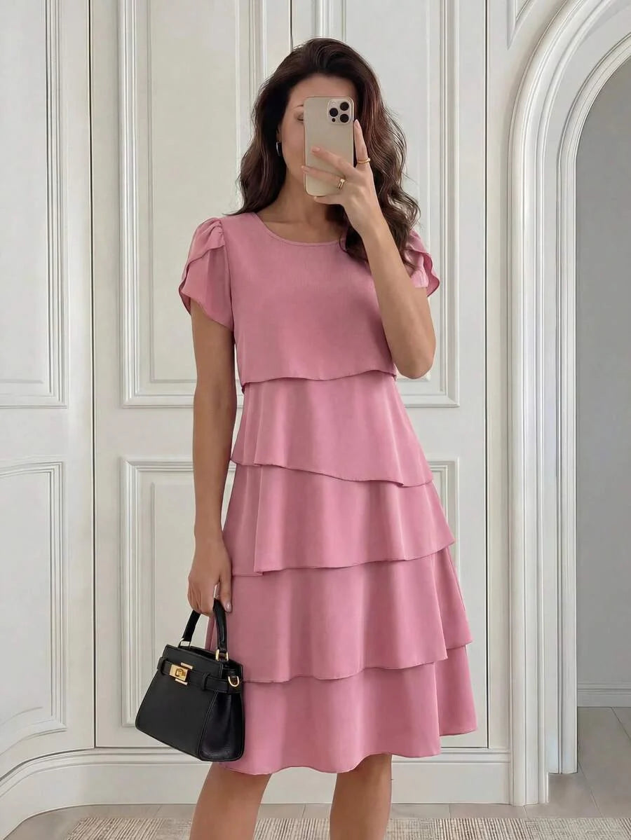 Beige Round Neck Petal Sleeve Midi Tea Dress with Layered Ruffle Hem