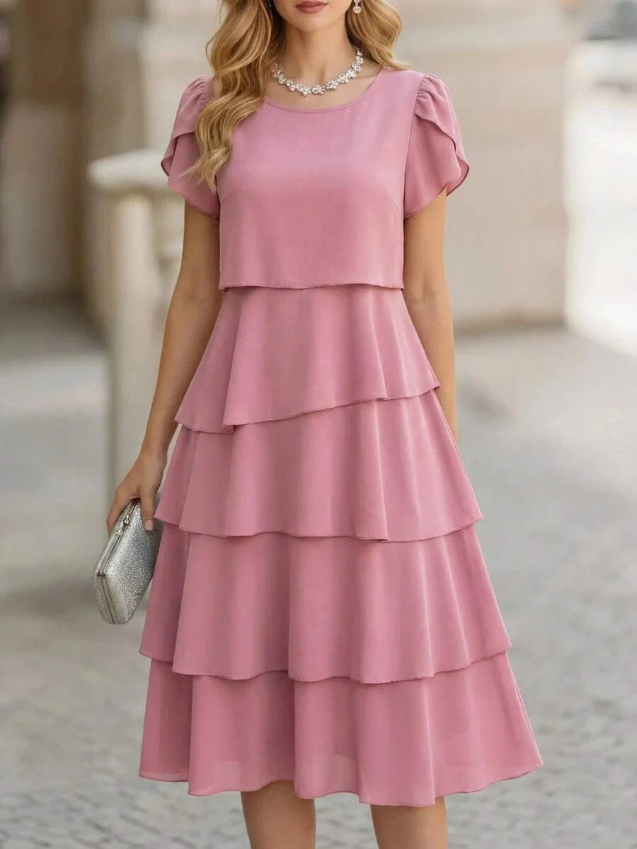 Beige Round Neck Petal Sleeve Midi Tea Dress with Layered Ruffle Hem, front view