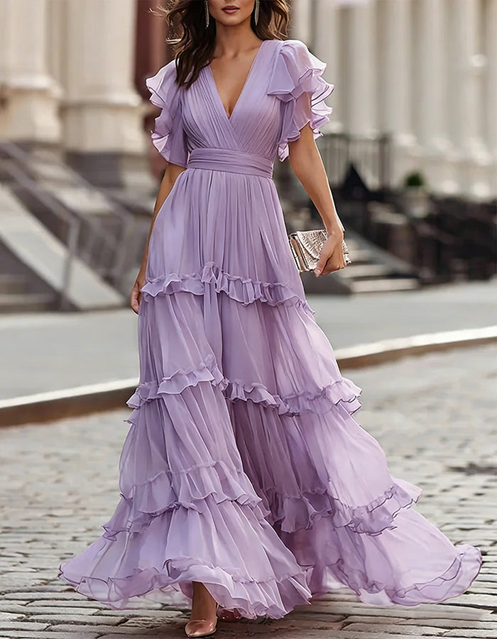 Chiffon Ruffled Hem Wedding Guest Maxi Dress