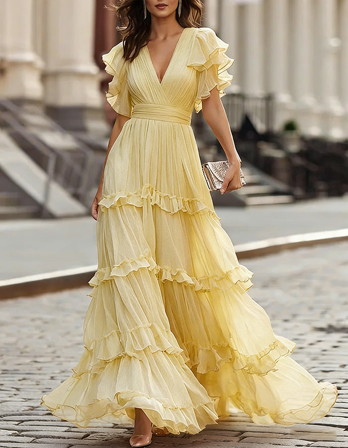 Chiffon Ruffled Hem Wedding Guest Maxi Dress