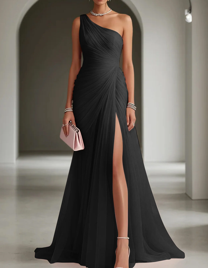 One Shoulder Pleated Chiffon Maxi Dress Summer