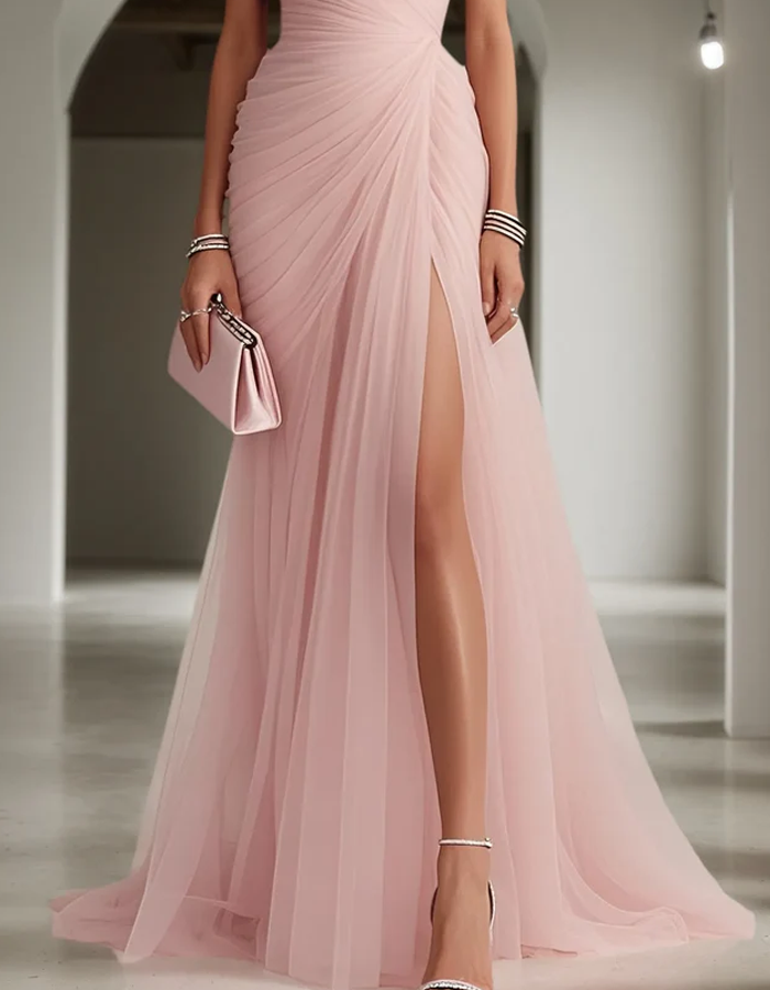 One Shoulder Pleated Chiffon Maxi Dress Summer