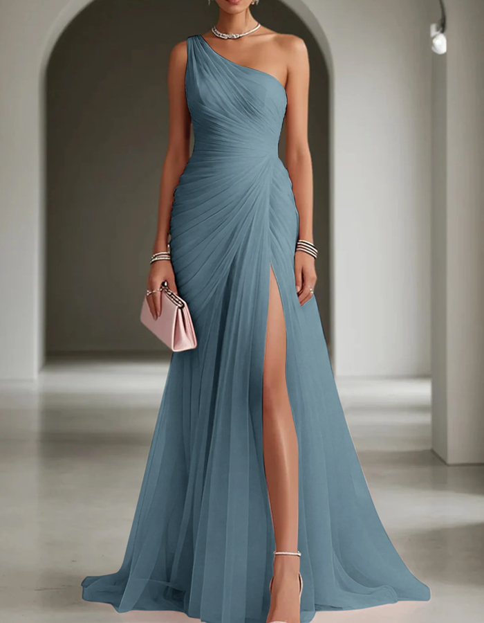 One Shoulder Pleated Chiffon Maxi Dress Summer