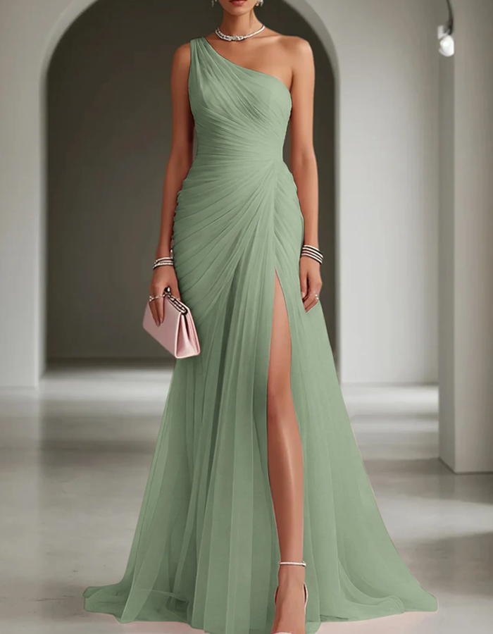 One Shoulder Pleated Chiffon Maxi Dress Summer