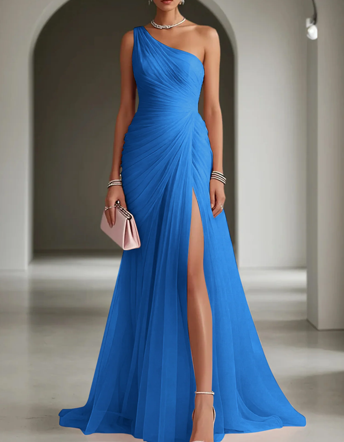 One Shoulder Pleated Chiffon Maxi Dress Summer
