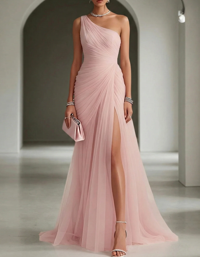 One Shoulder Pleated Chiffon Maxi Dress Summer