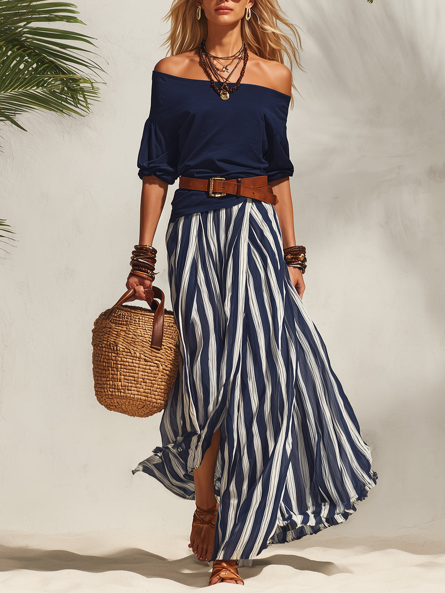 Nautical Vacation Style Off-Shoulder Top And Chiffon Slit Skirt Set